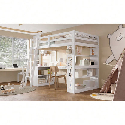 Hochbett, Kinderbett, Praktisches Ablageregal, Sicherheitsgeländer, Filztuch zum Aufhängen von Gegenständen, Stabile Schrägleiter, Kiefer + Spanplatte + Sperrholz, Weiß, 90x200cm