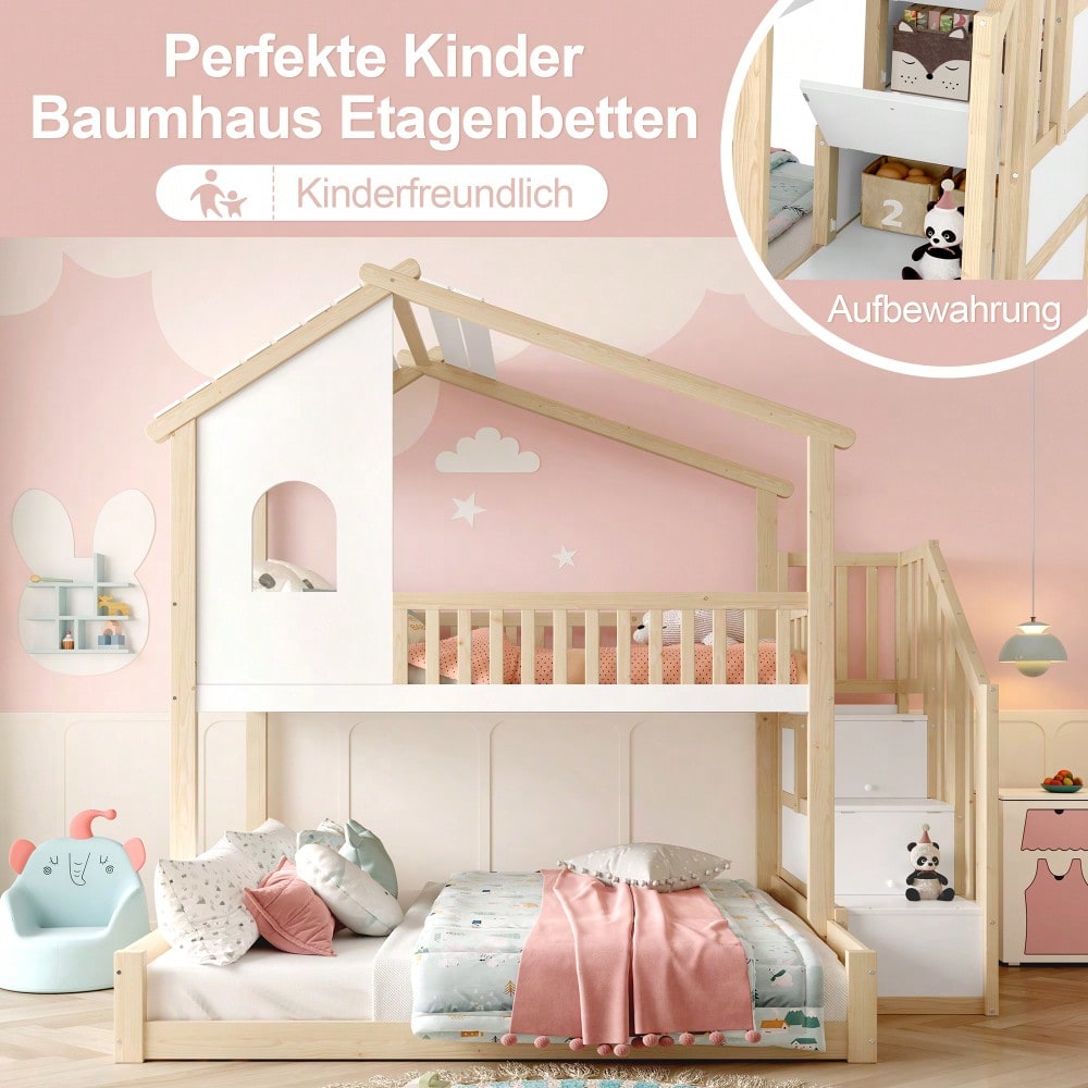 Etagenbett, 90x200cm+140x200cm, Bettgitter, Stauraumleiter, Fenster, Hausleiste, Natur+ Weiß