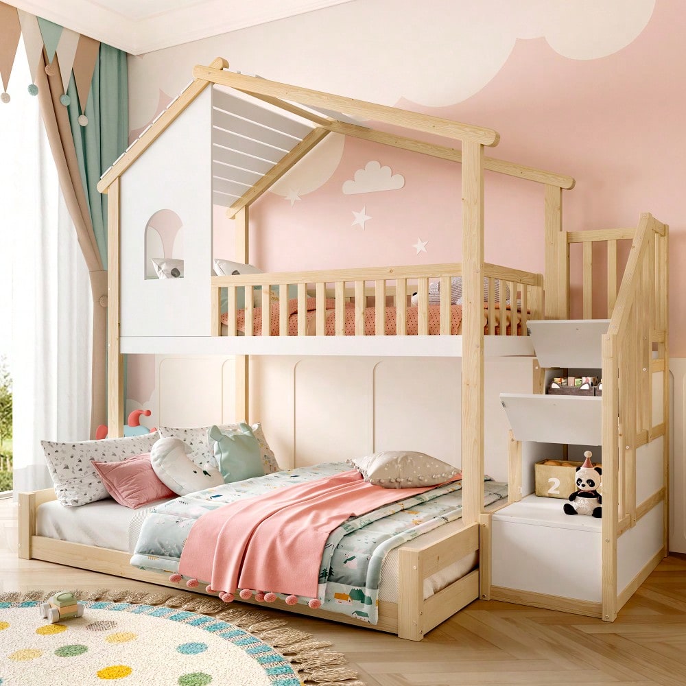Etagenbett, 90x200cm+140x200cm, Bettgitter, Stauraumleiter, Fenster, Hausleiste, Natur+ Weiß