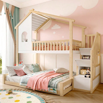 Etagenbett, 90x200cm+140x200cm, Bettgitter, Stauraumleiter, Fenster, Hausleiste, Natur+ Weiß