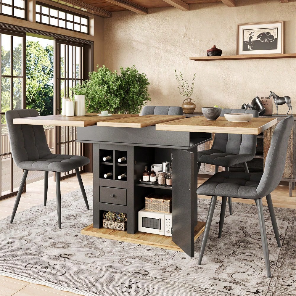 Esstisch Teleskoptisch(110-140×80cm), klappbarer Küchentisch für 4-6 Personen, Ausziehbarer Esstisch ,platzsparender Küchentisch,für Küche und Wohnzimmer,Esstisch mit Weinregal und Schubladen