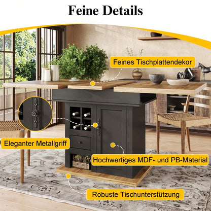 Esstisch Teleskoptisch(110-140×80cm), klappbarer Küchentisch für 4-6 Personen, Ausziehbarer Esstisch ,platzsparender Küchentisch,für Küche und Wohnzimmer,Esstisch mit Weinregal und Schubladen