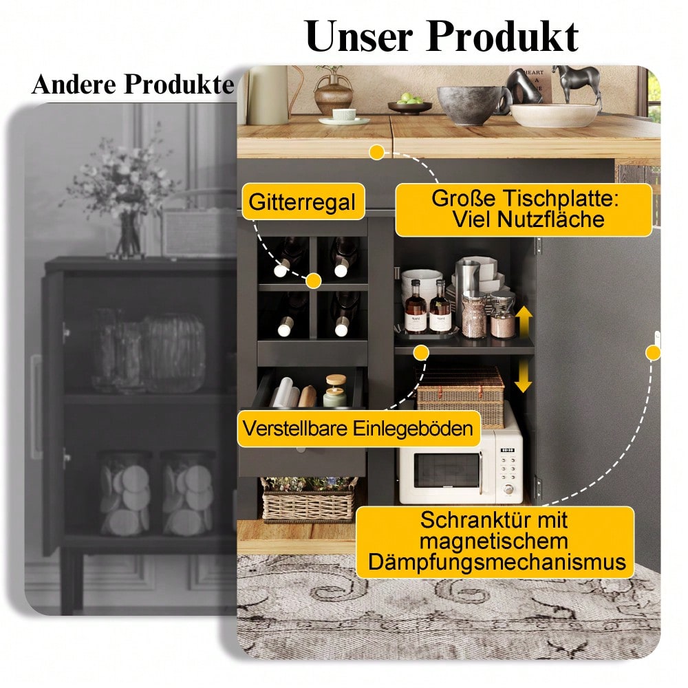 Esstisch Teleskoptisch(110-140×80cm), klappbarer Küchentisch für 4-6 Personen, Ausziehbarer Esstisch ,platzsparender Küchentisch,für Küche und Wohnzimmer,Esstisch mit Weinregal und Schubladen