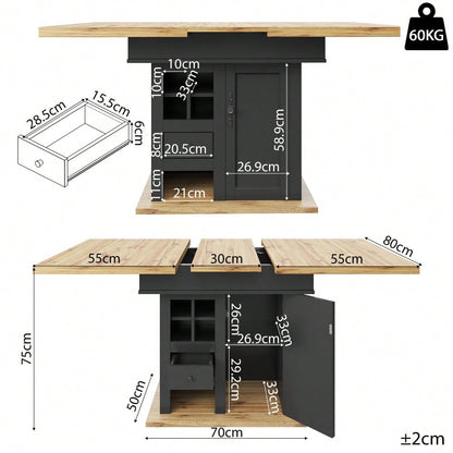 Esstisch Teleskoptisch(110-140×80cm), klappbarer Küchentisch für 4-6 Personen, Ausziehbarer Esstisch ,platzsparender Küchentisch,für Küche und Wohnzimmer,Esstisch mit Weinregal und Schubladen