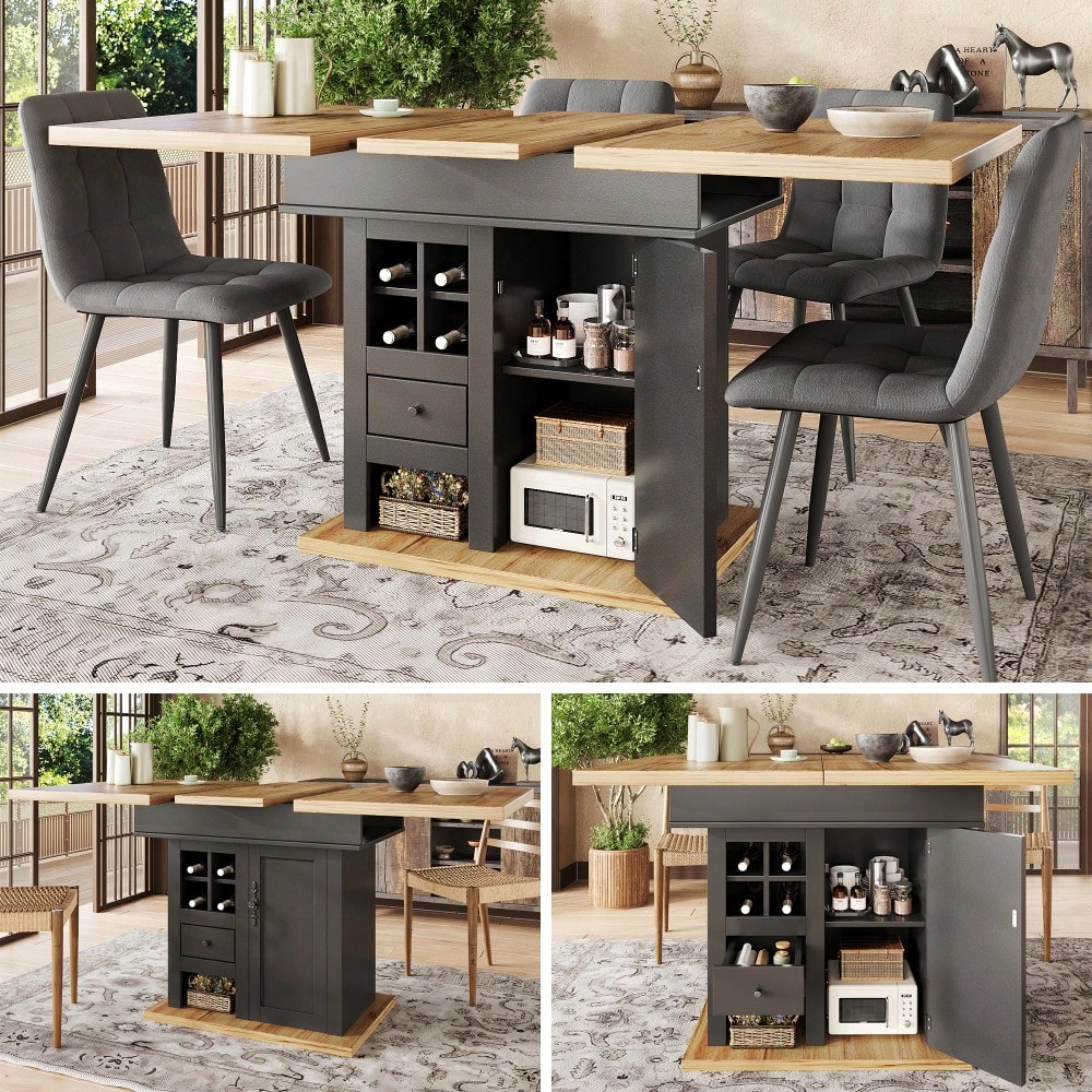 Esstisch Teleskoptisch(110-140×80cm), klappbarer Küchentisch für 4-6 Personen, Ausziehbarer Esstisch ,platzsparender Küchentisch,für Küche und Wohnzimmer,Esstisch mit Weinregal und Schubladen