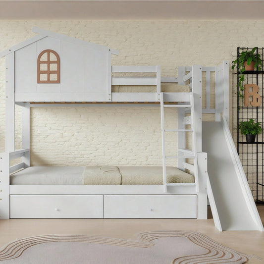 [317285923WAA] Etagenbett mit charakteristischen Fenstern und vierstufiger Kipptreppe, Kinder und Mutterbett mit Rutsche, mit zwei Schubladen, Bettrahmen aus Massivholz, Weiß, 90x200 & 120x200cm