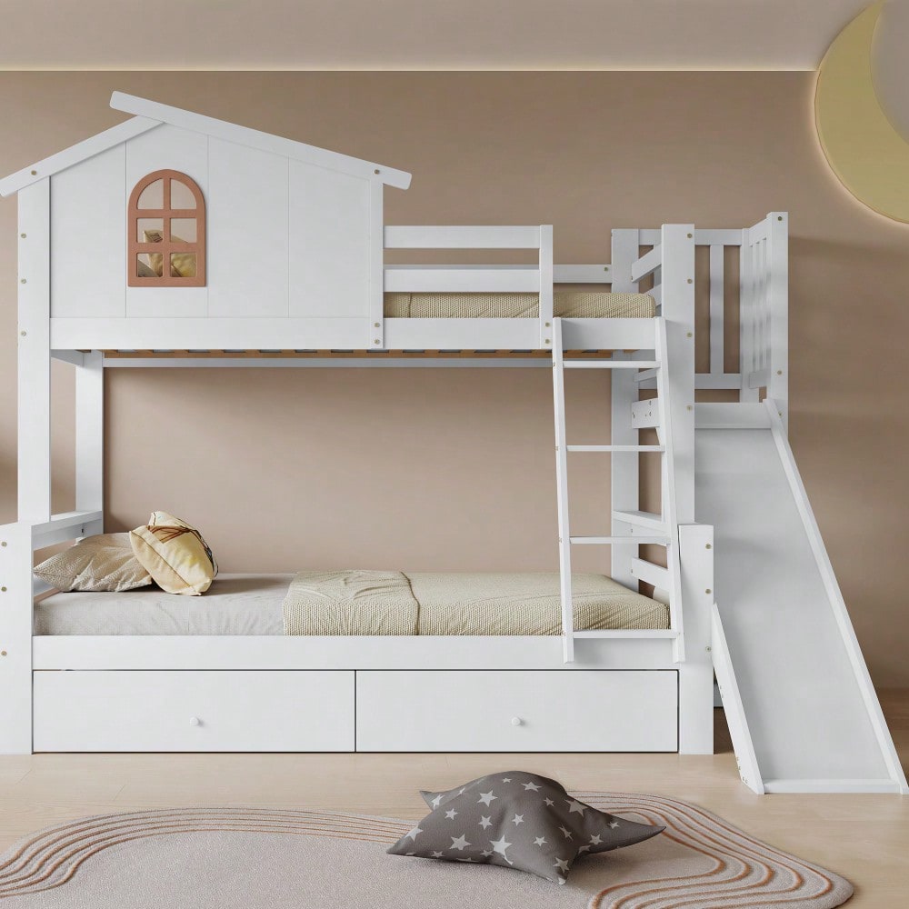 [317285923WAA] Etagenbett mit charakteristischen Fenstern und vierstufiger Kipptreppe, Kinder und Mutterbett mit Rutsche, mit zwei Schubladen, Bettrahmen aus Massivholz, Weiß, 90x200 & 120x200cm