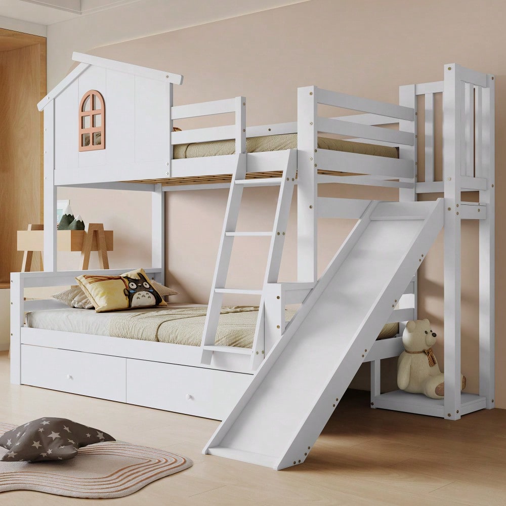[317285923WAA] Etagenbett mit charakteristischen Fenstern und vierstufiger Kipptreppe, Kinder und Mutterbett mit Rutsche, mit zwei Schubladen, Bettrahmen aus Massivholz, Weiß, 90x200 & 120x200cm