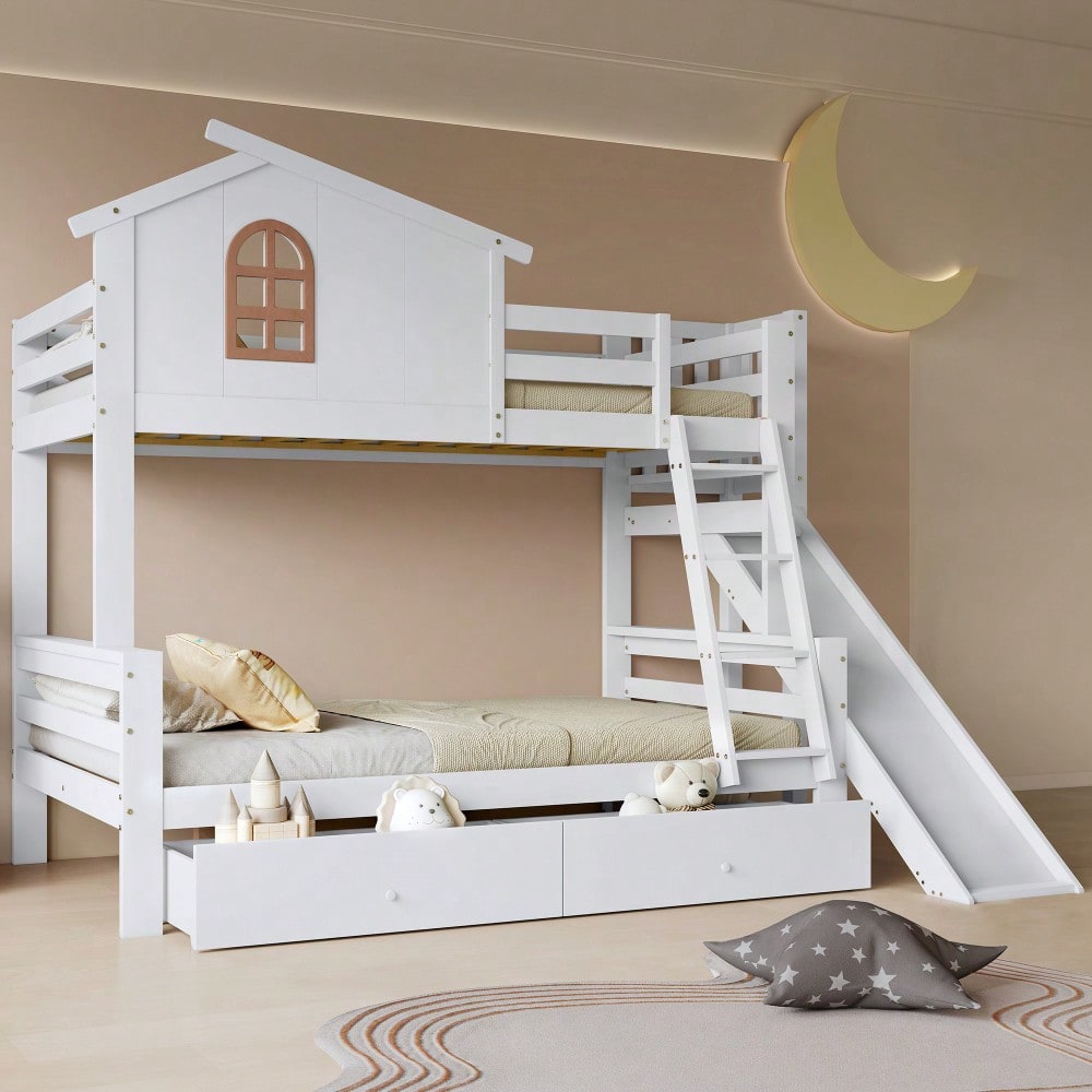 [317285923WAA] Etagenbett mit charakteristischen Fenstern und vierstufiger Kipptreppe, Kinder und Mutterbett mit Rutsche, mit zwei Schubladen, Bettrahmen aus Massivholz, Weiß, 90x200 & 120x200cm