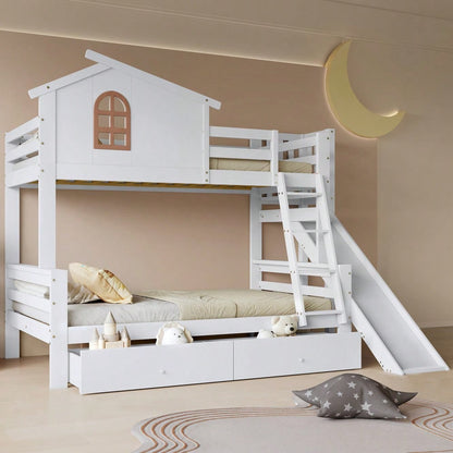 [317285923WAA] Etagenbett mit charakteristischen Fenstern und vierstufiger Kipptreppe, Kinder und Mutterbett mit Rutsche, mit zwei Schubladen, Bettrahmen aus Massivholz, Weiß, 90x200 & 120x200cm