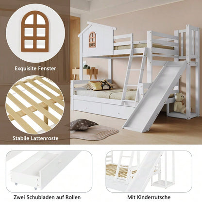 [317285923WAA] Etagenbett mit charakteristischen Fenstern und vierstufiger Kipptreppe, Kinder und Mutterbett mit Rutsche, mit zwei Schubladen, Bettrahmen aus Massivholz, Weiß, 90x200 & 120x200cm