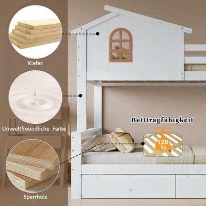 [317285923WAA] Etagenbett mit charakteristischen Fenstern und vierstufiger Kipptreppe, Kinder und Mutterbett mit Rutsche, mit zwei Schubladen, Bettrahmen aus Massivholz, Weiß, 90x200 & 120x200cm