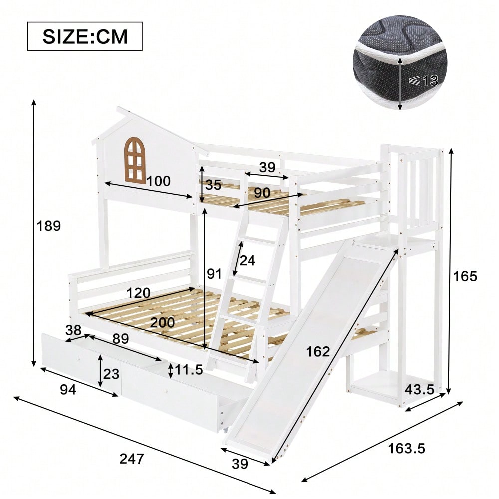 [317285923WAA] Etagenbett mit charakteristischen Fenstern und vierstufiger Kipptreppe, Kinder und Mutterbett mit Rutsche, mit zwei Schubladen, Bettrahmen aus Massivholz, Weiß, 90x200 & 120x200cm