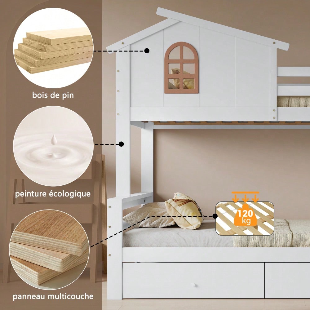 [317285923WAA] Etagenbett mit charakteristischen Fenstern und vierstufiger Kipptreppe, Kinder und Mutterbett mit Rutsche, mit zwei Schubladen, Bettrahmen aus Massivholz, Weiß, 90x200 & 120x200cm