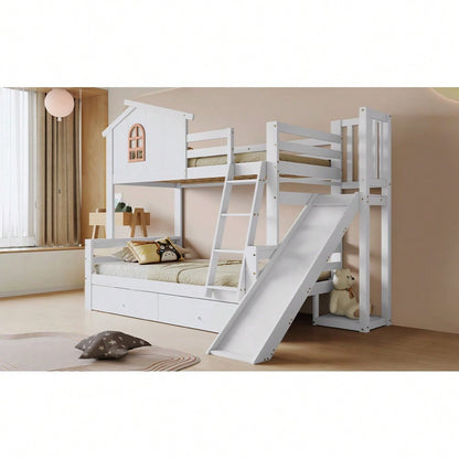 [317285923WAA] Etagenbett mit charakteristischen Fenstern und vierstufiger Kipptreppe, Kinder und Mutterbett mit Rutsche, mit zwei Schubladen, Bettrahmen aus Massivholz, Weiß, 90x200 & 120x200cm