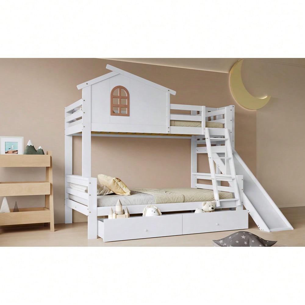 [317285923WAA] Etagenbett mit charakteristischen Fenstern und vierstufiger Kipptreppe, Kinder und Mutterbett mit Rutsche, mit zwei Schubladen, Bettrahmen aus Massivholz, Weiß, 90x200 & 120x200cm