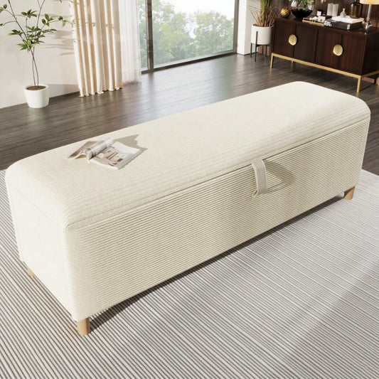 Bettbank mit Stauraum, 165 x 38 cm Bettbank, Polsterbank mit Hydraulischem Stauraum, Aufbewahrungsbox, Geeignet für Schlafzimmer, Wohnzimmer und Flur, Beiger Cord-Optik.