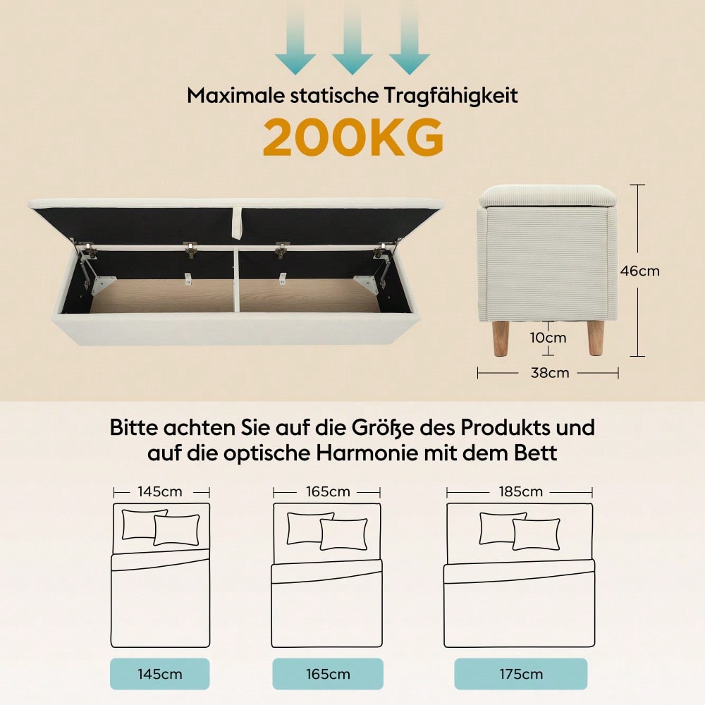 Bettbank mit Stauraum, 165 x 38 cm Bettbank, Polsterbank mit Hydraulischem Stauraum, Aufbewahrungsbox, Geeignet für Schlafzimmer, Wohnzimmer und Flur, Beiger Cord-Optik.