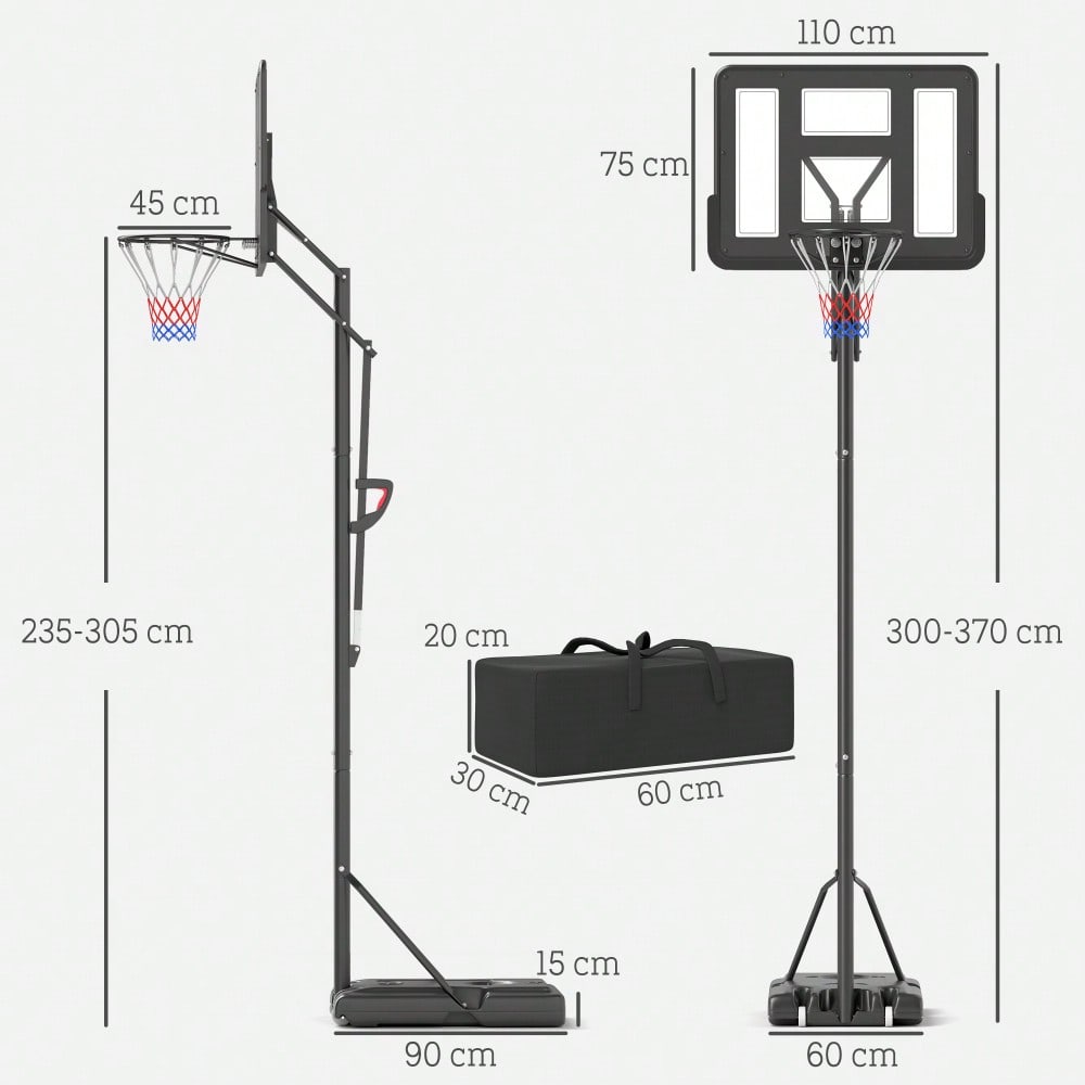SPORTNOW Basketballkorb Outdoor, Verstellbare Korbhöhe 230-305 cm, Basketballständer mit 110 x 75 cm bruchsichere Rückwand mit Rädern, gefederter Korb, Gewicht für Erwachsene