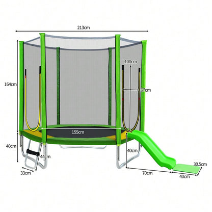 Kinder Trampolin Outdoor Ø 213 cm Gartentrampolin mit Rutsche, Leiter, Netz, Doppeltür und Gepolsterten Stangen,TÜV Zertifiziert,bis 100 kg