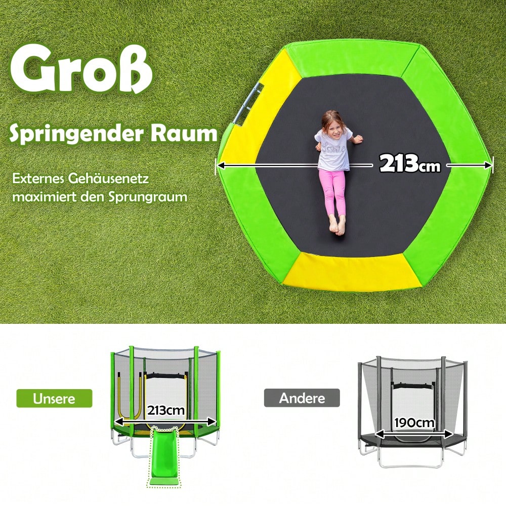 Kinder Trampolin Outdoor Ø 213 cm Gartentrampolin mit Rutsche, Leiter, Netz, Doppeltür und Gepolsterten Stangen,TÜV Zertifiziert,bis 100 kg