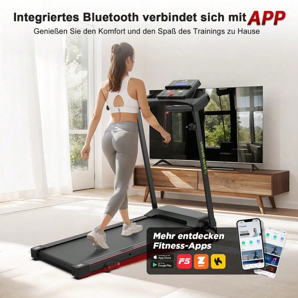 Elektrisches Laufband, Klapplaufband für Zuhause bis 12 km/h, mit LED-Display, App- und Tablet-Halter, Kompaktes Laufpad für Zuhause und Büro