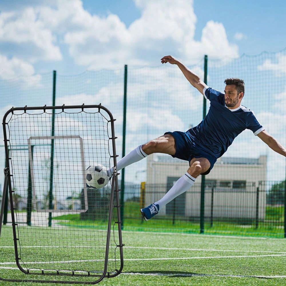 HOMCOM Fußball Rebounder Klappbares Fußballtor Kickback Rückprallwand 123x73x1785 cm 4 Verstellbare Stufen Schwarz für Training & Spaß