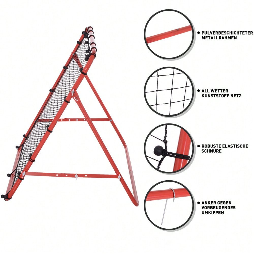 HOMCOM Fußball Rückprallwand Rebounder Tor Netz 96 x 80 x 96 cm, verstellbarer Winkel, rot-schwarz, ideal für Training & Spiel