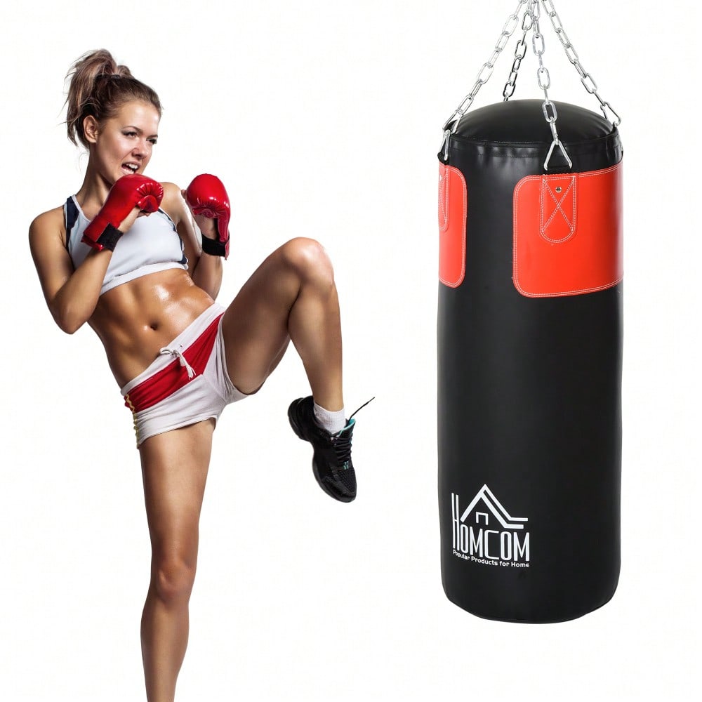HOMCOM Boxsack-Set mit Handschuhen, gefüllt, für Erwachsene & Jugendliche, schwarz-rot, Ø30x120cm, 16kg, ideal für Training & Fitness