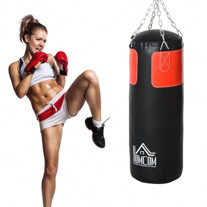 HOMCOM Boxsack-Set mit Handschuhen, gefüllt, für Erwachsene & Jugendliche, schwarz-rot, Ø30x120cm, 16kg, ideal für Training & Fitness