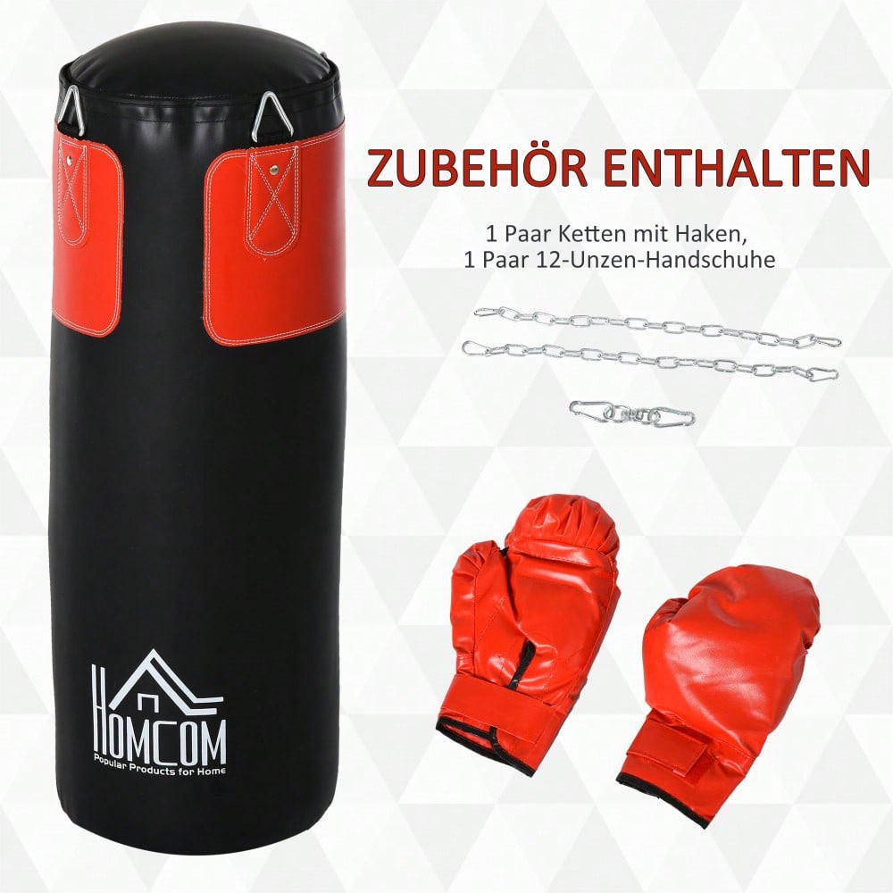 HOMCOM Boxsack-Set mit Handschuhen, gefüllt, für Erwachsene & Jugendliche, schwarz-rot, Ø30x120cm, 16kg, ideal für Training & Fitness