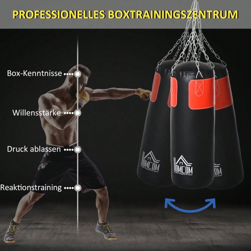 HOMCOM Boxsack-Set mit Handschuhen, gefüllt, für Erwachsene & Jugendliche, schwarz-rot, Ø30x120cm, 16kg, ideal für Training & Fitness