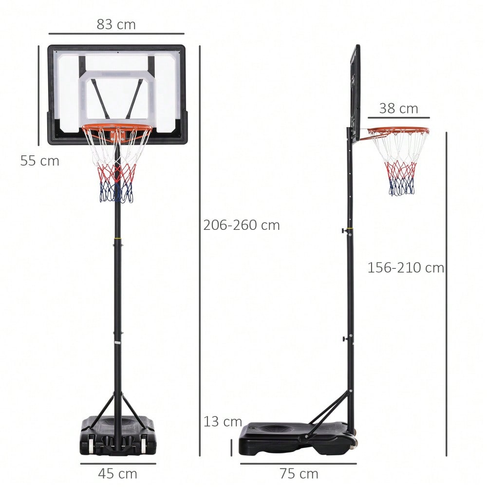 HOMCOM Basketballkorb für draußen  Höhenverstellbarer Basketballständer für Kinder mit Rädern, Schwarz, 83 x 75 x 206-260 cm