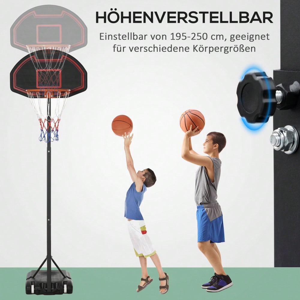 HOMCOM Basketballkorb mit Ständer Outdoor höhenverstellbar 195-250 cm für Kinder 8-14 Jahre mit Rädern