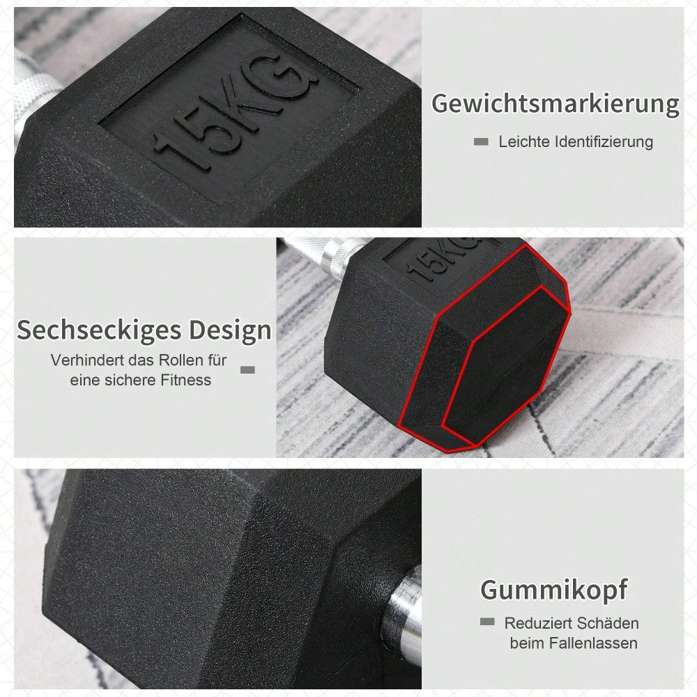 HOMCOM Hexagon Kurzhantel Gusseisen Hantel Gummi-Hantel Griff gerändelt Gewichte Metall Gummi schwarz 1 x 15 KG