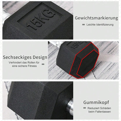 HOMCOM Hexagon Kurzhantel Gusseisen Hantel Gummi-Hantel Griff gerändelt Gewichte Metall Gummi schwarz 1 x 15 KG