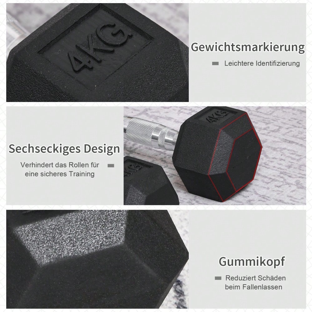 HOMCOM Hexagon Kurzhanteln 2er Set Gusseisen Hanteln Griff gerändelt Hantel Set Kurzhantelset Gewichte Metall Gummi schwarz 2 x 4 KG