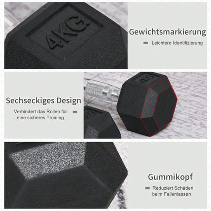 HOMCOM Hexagon Kurzhanteln 2er Set Gusseisen Hanteln Griff gerändelt Hantel Set Kurzhantelset Gewichte Metall Gummi schwarz 2 x 4 KG