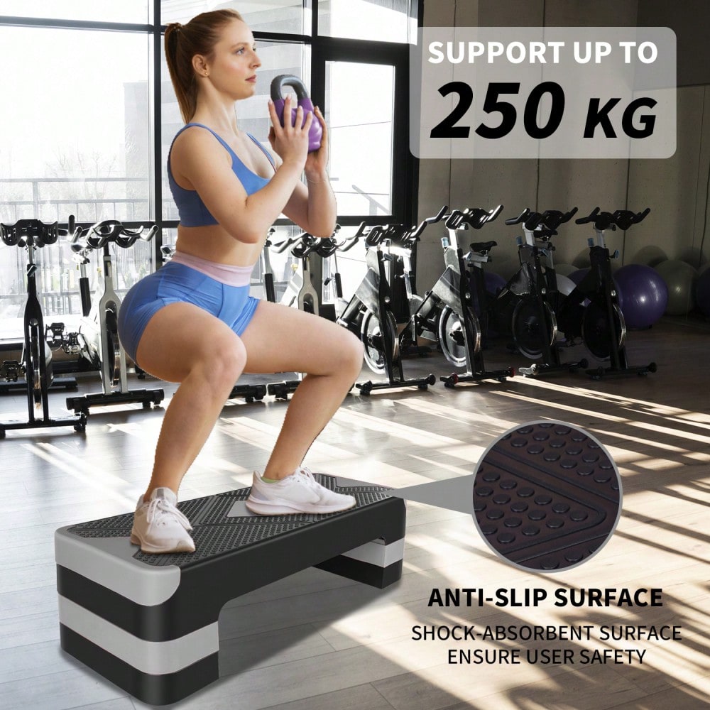 Aerobic Exercise Step Adjustable Aerobic Stepper for Exercise Workout Step Platform for Step Up, 68.5cm/27" Step Deck with 10cm/4",15cm/ 6",20cm/8" Adjustable Height Risers (Gray)