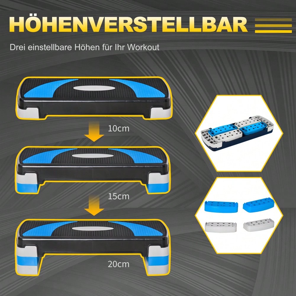 HOMCOM Steppbrett Aerobic-Stepper  Höhenverstellbar mit 3 Stufen (10/15/20cm), Fitness Heimtrainer, bis 150 kg, Hellblau, 80x31x10-20 cm