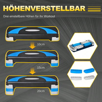 HOMCOM Steppbrett Aerobic-Stepper  Höhenverstellbar mit 3 Stufen (10/15/20cm), Fitness Heimtrainer, bis 150 kg, Hellblau, 80x31x10-20 cm