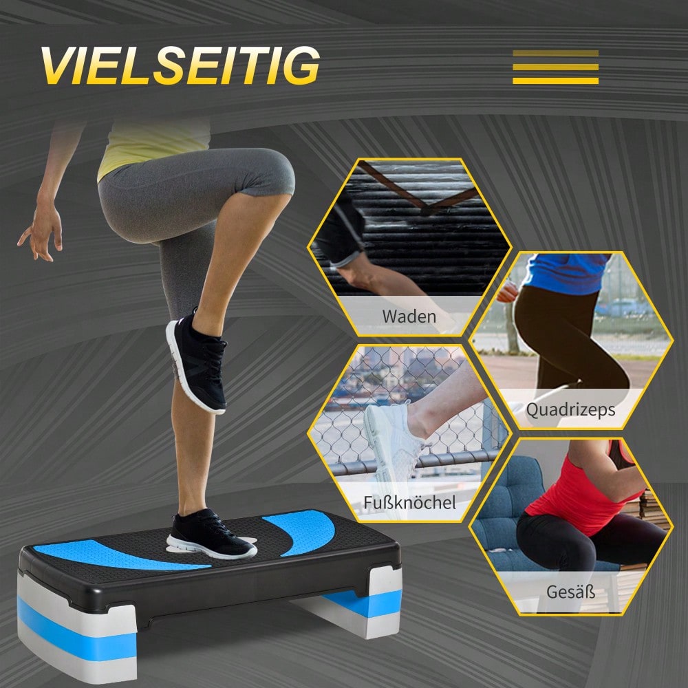 HOMCOM Steppbrett Aerobic-Stepper  Höhenverstellbar mit 3 Stufen (10/15/20cm), Fitness Heimtrainer, bis 150 kg, Hellblau, 80x31x10-20 cm