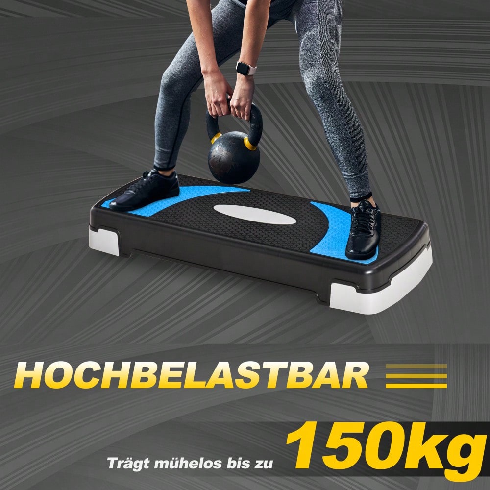 HOMCOM Steppbrett Aerobic-Stepper  Höhenverstellbar mit 3 Stufen (10/15/20cm), Fitness Heimtrainer, bis 150 kg, Hellblau, 80x31x10-20 cm