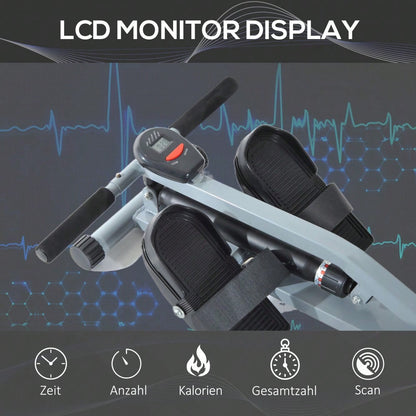 HOMCOM Rudergerät Rudermaschine mit LCD Fitnessgerät Ruderzugmaschine Heimtrainer, mit LCD Display, Stahl+PVC, Grau, 130x47,5x67cm