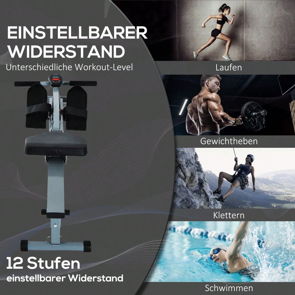 HOMCOM Rudergerät Rudermaschine mit LCD Fitnessgerät Ruderzugmaschine Heimtrainer, mit LCD Display, Stahl+PVC, Grau, 130x47,5x67cm