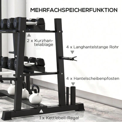 SPORTNOW Hantelständer 3 Ebenen bis 200 kg Stahl Schwarz 131x75x80 cm für Fitnessstudio & Heimtraining