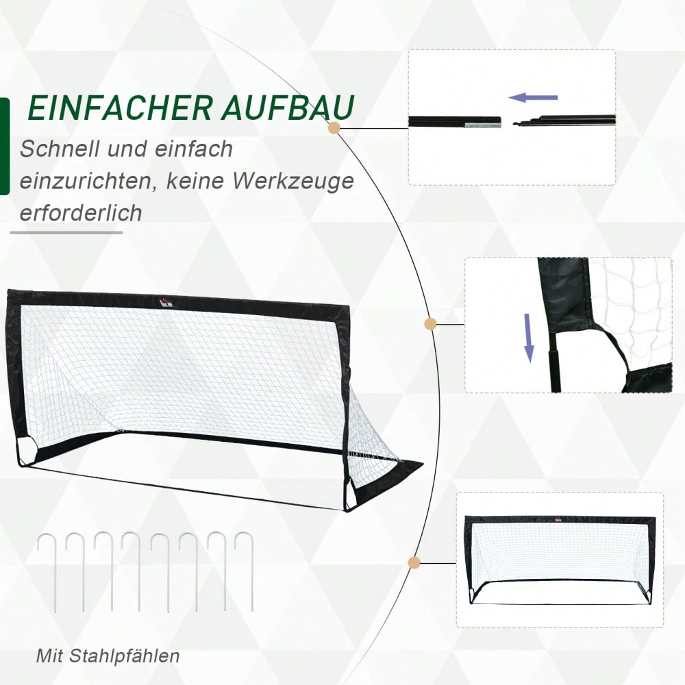 HOMCOM Fußballtore Set 2er Set Minitore faltbar aus Stahl und Tetrolon Schwarz 186x90x89 cm für Garten und Spielplatz