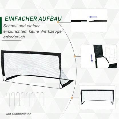 HOMCOM Fußballtore Set 2er Set Minitore faltbar aus Stahl und Tetrolon Schwarz 186x90x89 cm für Garten und Spielplatz