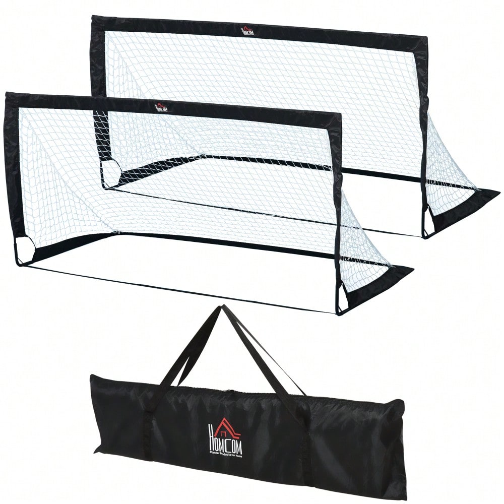HOMCOM Fußballtore Set 2er Set Minitore faltbar aus Stahl und Tetrolon Schwarz 186x90x89 cm für Garten und Spielplatz