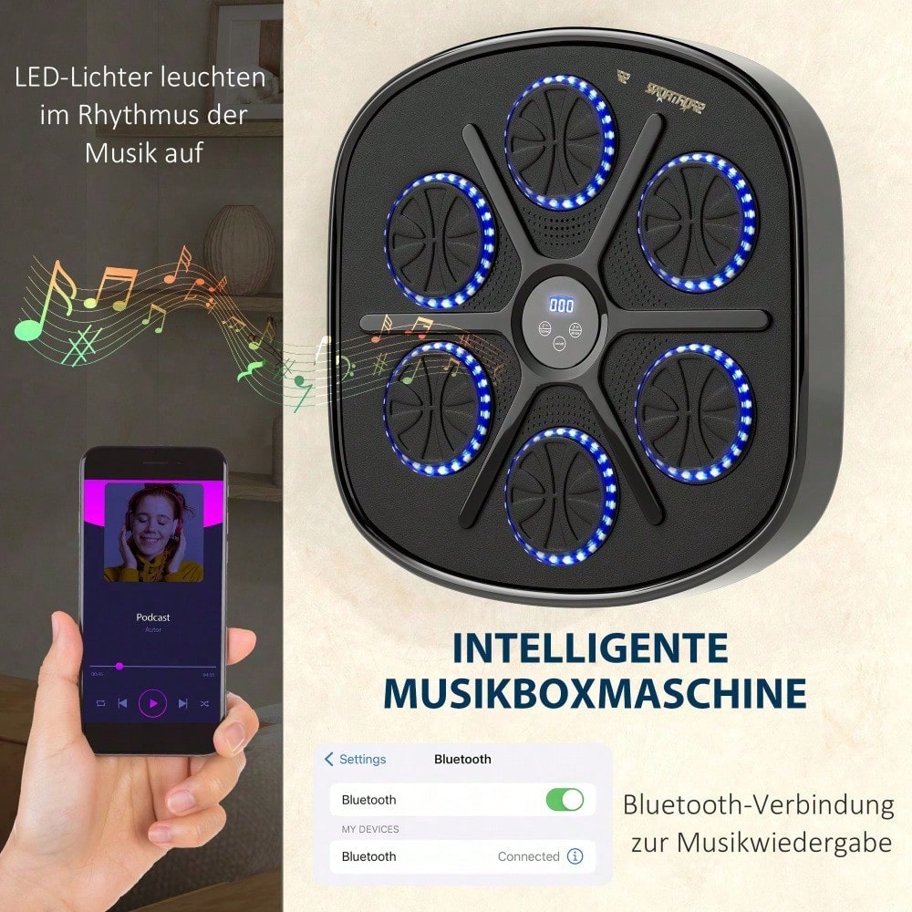 SPORTNOW Music Boxing Machine, elektronische Bluetooth Boxmaschine mit LED-Leuchten, Musik, Wandmontage Boxziel für Erwachsene, Heimübungen, Schwarz